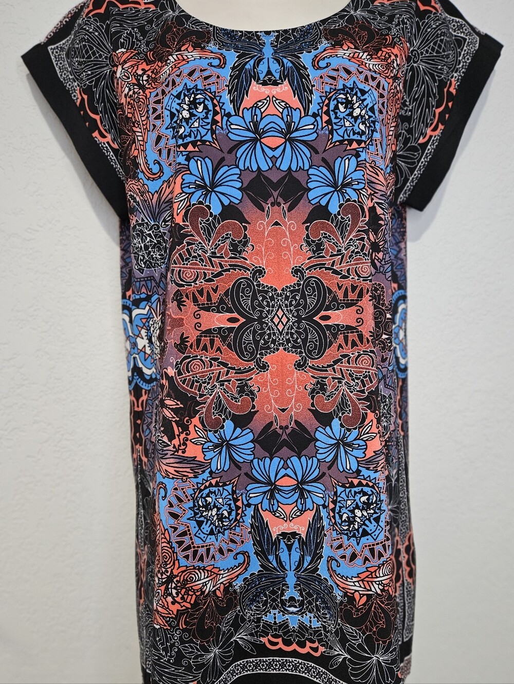EUC Forever 21 Black Boho Dress with Coral and White Pattern XS